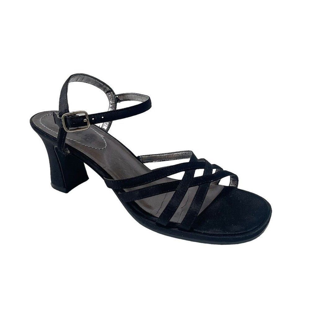 Vintage y2k 00’s Mudd black satin ankle strap buckled heeled sandals size 8